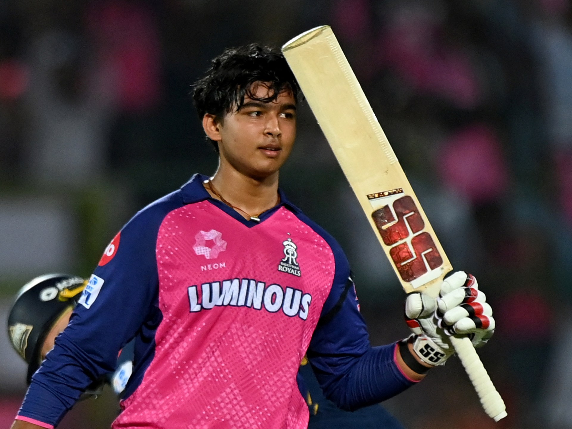 Vaibhav Sooryavanshi with bat in Rajasthan Royals jersey